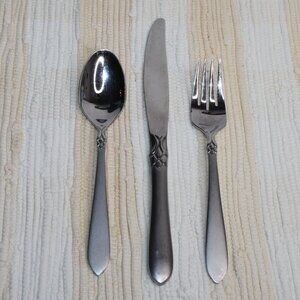 VTG ONEIDA JACQUELINE 18/0 3 PC SET KNIFE SALAD FORK SOUP SPOON FROSTED STAINLES